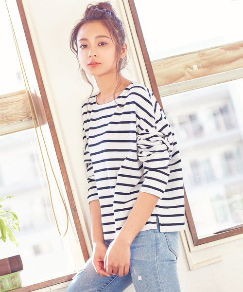 KOBE LETTUCE（コウベレタス）の「綿100%ドロップショルダー長袖ボーダーカットソーロンT（Tシャツ/カットソー・レディース・ブラック/ベージュ/ネイビー/グレー/レッド/ブラック系その他/ブルー系その他/ブラック系その他2・FREE）」の16枚目の写真