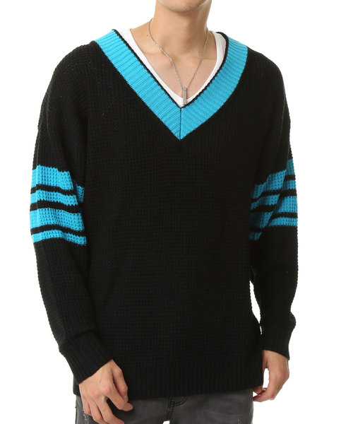 TopIsm（トップイズム）の「ビッグシルエットチルデンニットセーター Vネック（ニット/セーター・メンズ・ブラック/レッド/ブラック系その他・M/L/LL）」の4枚目の写真