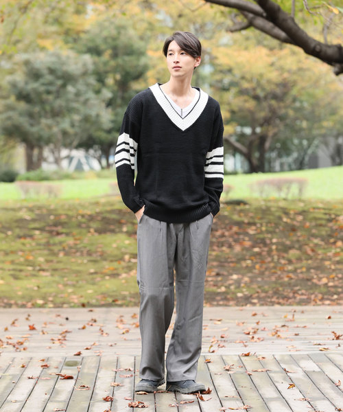 TopIsm（トップイズム）の「ビッグシルエットチルデンニットセーター Vネック（ニット/セーター・メンズ・ブラック/レッド/ブラック系その他・M/L/LL）」の7枚目の写真
