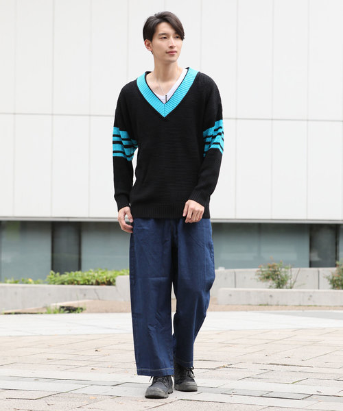 TopIsm（トップイズム）の「ビッグシルエットチルデンニットセーター Vネック（ニット/セーター・メンズ・ブラック/レッド/ブラック系その他・M/L/LL）」の8枚目の写真