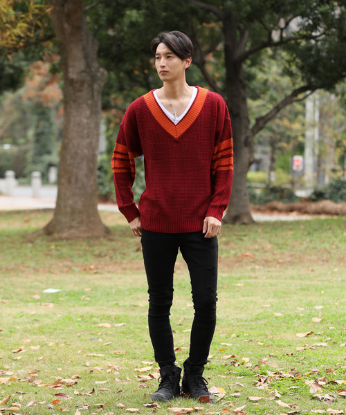 TopIsm（トップイズム）の「ビッグシルエットチルデンニットセーター Vネック（ニット/セーター・メンズ・ブラック/レッド/ブラック系その他・M/L/LL）」の9枚目の写真