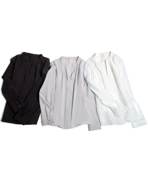 RUIRUE BOUTIQUE(ルイルエブティック)の「洗える | キーネックタックシャツ長袖ブラウス | 長袖 キーネック トップス 体型カバー オフィスカジュアル 通勤服 華やか シャツ(シャツ/ブラウス・レディース・ブラック/オフホワイト/ピンク/グレイッシュベージュ/ライトカーキ・LL/3L/4L/5L/S/M/L)」の6枚目の写真