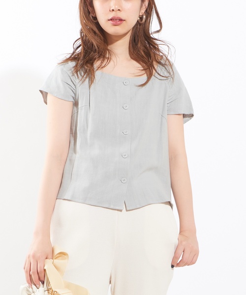 natural couture(ナチュラルクチュール)の「フロント釦ギャザー袖ブラウス(シャツ/ブラウス・レディース・ミント/キャメル/ストライプ/ライトベージュ・FREE)」の3枚目の写真