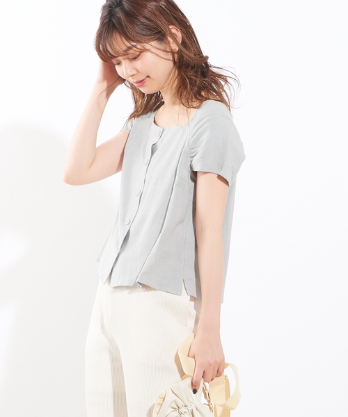 natural couture(ナチュラルクチュール)の「フロント釦ギャザー袖ブラウス(シャツ/ブラウス・レディース・ミント/キャメル/ストライプ/ライトベージュ・FREE)」の8枚目の写真