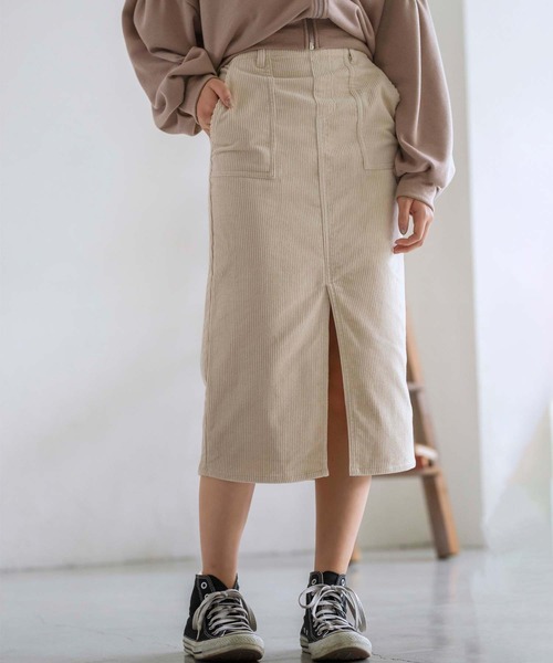 GeeRA(ジーラ)の「コーデュロイポケット付タイトスカート(スカート・レディース・オフホワイト/キャメル・MEDIUM/LARGE/X-LARGE)」の1枚目の写真