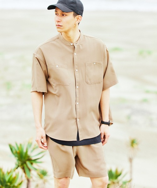 BARK MANHATTAN(バークマンハッタン)の「【セットアップ】テックリネン バンドカラーワーク半袖シャツ&バルーンショーツ(セットアップ・メンズ・ベージュ/オリーブ/グレー系その他/ブルー系その他/パープル系その他/ブラック/ホワイト/ネイビー・M/L)」の4枚目の写真