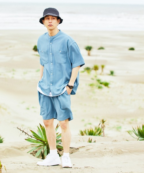 BARK MANHATTAN(バークマンハッタン)の「【セットアップ】テックリネン バンドカラーワーク半袖シャツ&バルーンショーツ(セットアップ・メンズ・ベージュ/オリーブ/グレー系その他/ブルー系その他/パープル系その他/ブラック/ホワイト/ネイビー・M/L)」の7枚目の写真