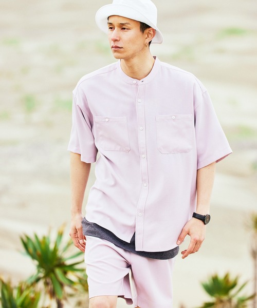 BARK MANHATTAN(バークマンハッタン)の「【セットアップ】テックリネン バンドカラーワーク半袖シャツ&バルーンショーツ(セットアップ・メンズ・ベージュ/オリーブ/グレー系その他/ブルー系その他/パープル系その他/ブラック/ホワイト/ネイビー・M/L)」の8枚目の写真