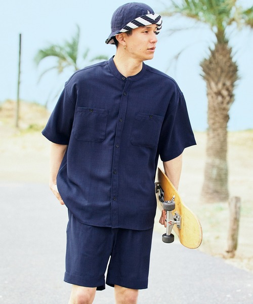 BARK MANHATTAN(バークマンハッタン)の「【セットアップ】テックリネン バンドカラーワーク半袖シャツ&バルーンショーツ(セットアップ・メンズ・ベージュ/オリーブ/グレー系その他/ブルー系その他/パープル系その他/ブラック/ホワイト/ネイビー・M/L)」の6枚目の写真