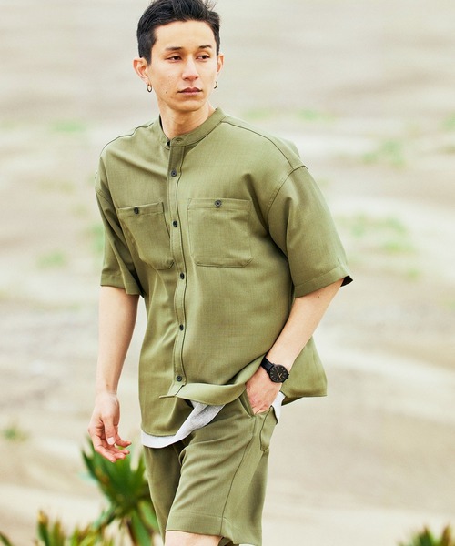 BARK MANHATTAN(バークマンハッタン)の「【セットアップ】テックリネン バンドカラーワーク半袖シャツ&バルーンショーツ(セットアップ・メンズ・ベージュ/オリーブ/グレー系その他/ブルー系その他/パープル系その他/ブラック/ホワイト/ネイビー・M/L)」の5枚目の写真