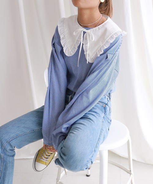 SLOBE citron.（スローブシトロン）の「SLOBE citron.デザインボーダーTEE【手洗い可能】◆（Tシャツ/カットソー・レディース・ブラック/ナチュラル/ブルー系その他/ピンク・FREE）」の3枚目の写真