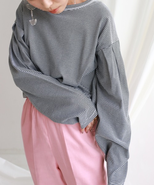 SLOBE citron.（スローブシトロン）の「SLOBE citron.デザインボーダーTEE【手洗い可能】◆（Tシャツ/カットソー・レディース・ブラック/ナチュラル/ブルー系その他/ピンク・FREE）」の13枚目の写真