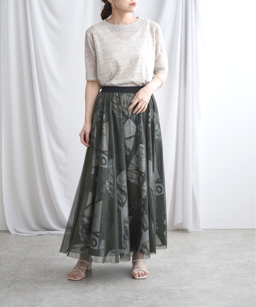 Juenu（ジュエーヌ）の「プリント×チュールSK（スカート・レディース・ブラック/ネイビー/カーキ・M）」の19枚目の写真