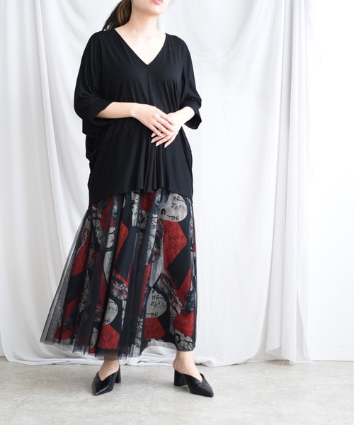 Juenu（ジュエーヌ）の「プリント×チュールSK（スカート・レディース・ブラック/ネイビー/カーキ・M）」の6枚目の写真