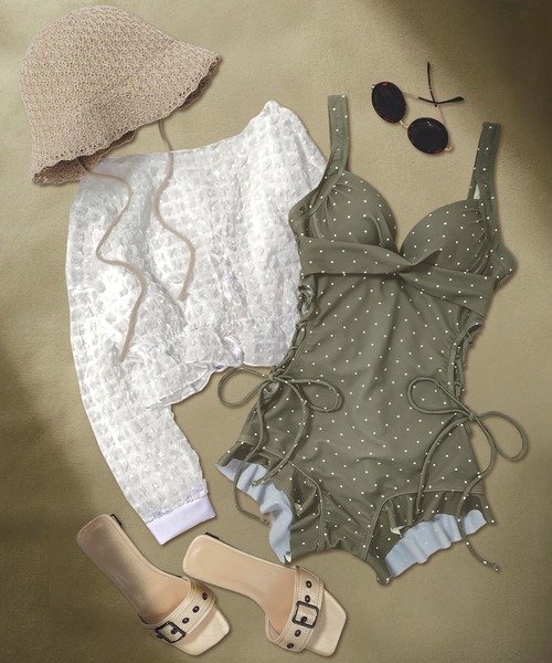 swimwear/フロントリボン+シアーカーディガン/4点セット（水着）｜one