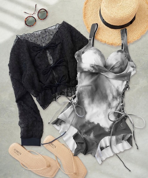 水着レディース体型カバートップス付きサイドレースアップフリルワンピースセットアップ【CanCam掲載】