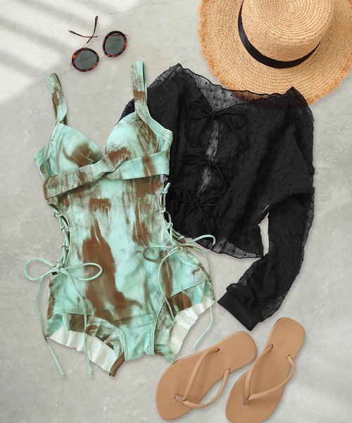 水着レディース体型カバートップス付きサイドレースアップフリルワンピースセットアップ【CanCam掲載】