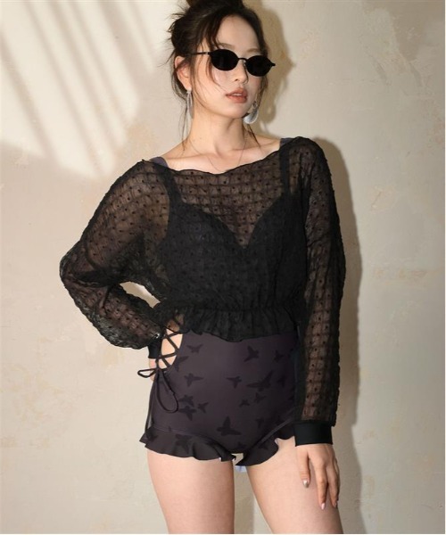 水着レディース体型カバートップス付きサイドレースアップフリルワンピースセットアップ【CanCam掲載】