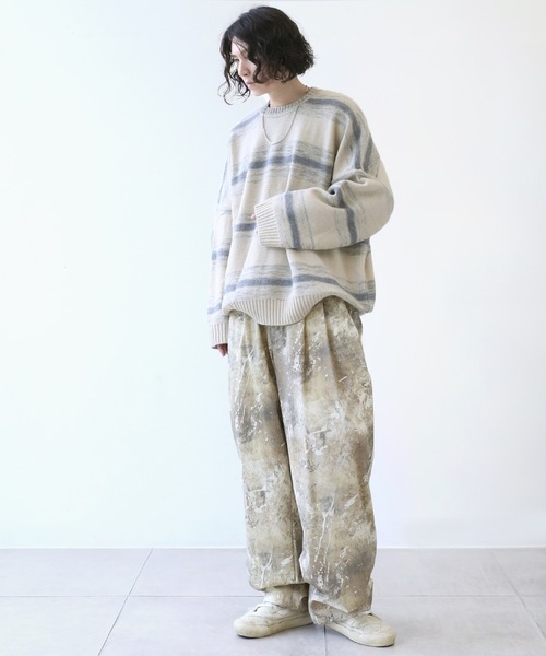 minsobi（ミンソビ）の「オーバーサイズボーダーニット（ニット/セーター・メンズ・ベージュ・FREE）」の9枚目の写真