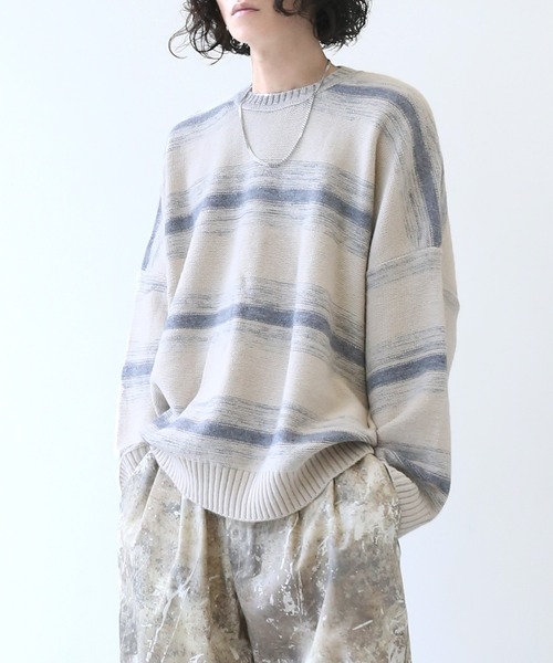 minsobi（ミンソビ）の「オーバーサイズボーダーニット（ニット/セーター・メンズ・ベージュ・FREE）」の10枚目の写真