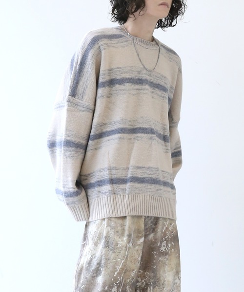 minsobi（ミンソビ）の「オーバーサイズボーダーニット（ニット/セーター・メンズ・ベージュ・FREE）」の8枚目の写真