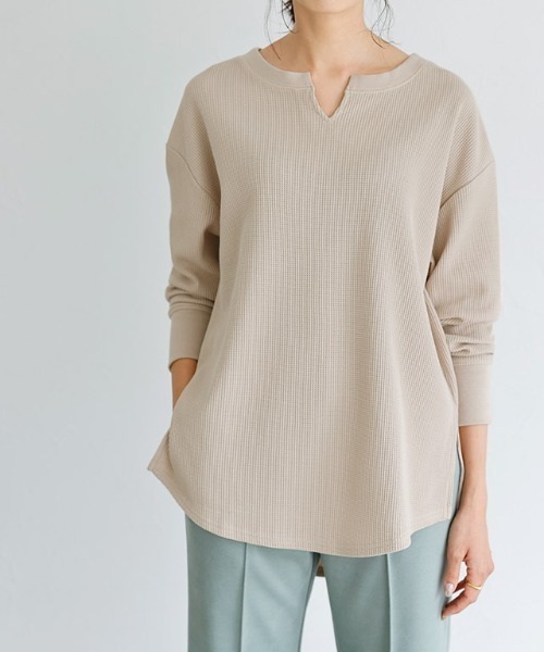 ワッフルキーネックtシャツ