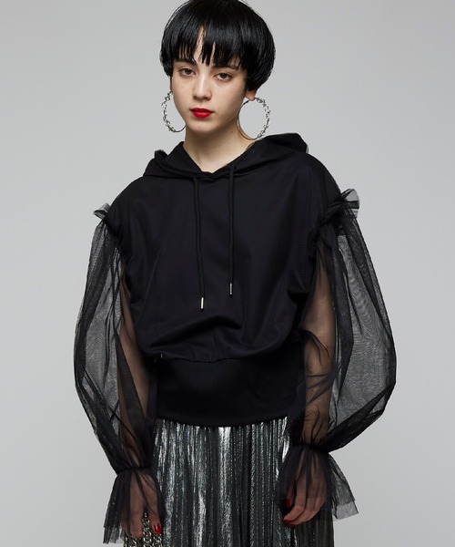 Narcissus（ナルシス）の「【Narcissus】袖チュールパーカー（パーカー・レディース・ホワイト/ブラック・FREE）」の2枚目の写真
