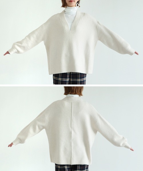 reca（レカ）の「ディープVネックニットプルオーバー（ニット/セーター・レディース・ベージュ/オートミール/チャコール・M）」の7枚目の写真