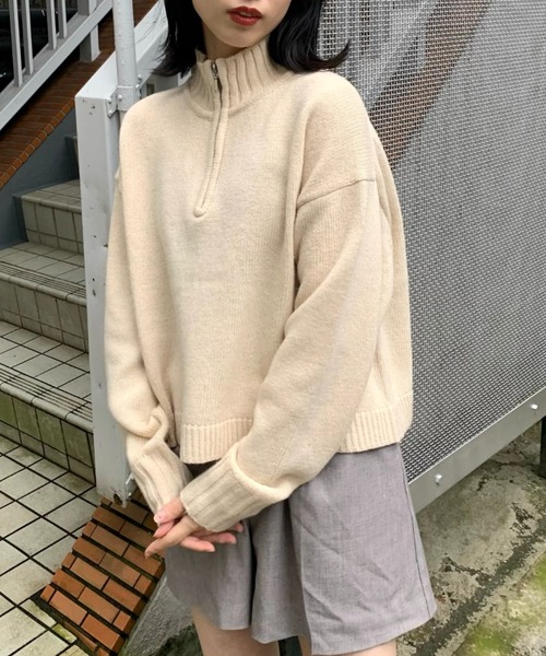 CIAOPANIC(チャオパニック)の「ハーフジップショートニット(ニット/セーター・レディース・ブラック/オフホワイト/ブルー・FREE)」の2枚目の写真