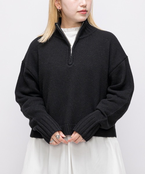 CIAOPANIC(チャオパニック)の「ハーフジップショートニット(ニット/セーター・レディース・ブラック/オフホワイト/ブルー・FREE)」の4枚目の写真