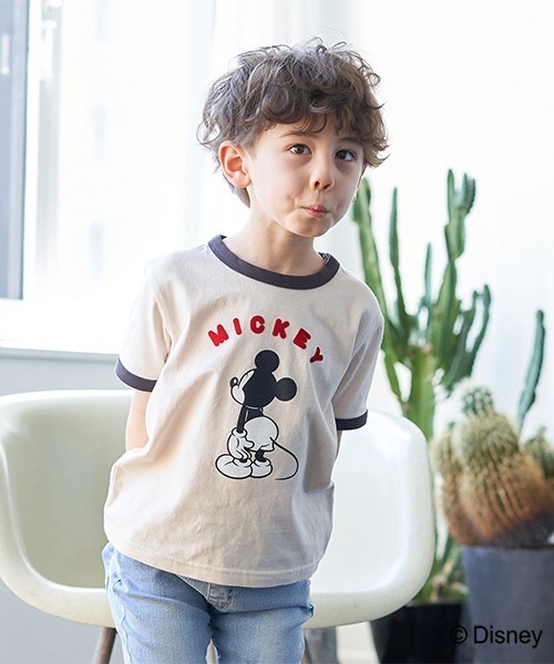 b・ROOM(ビールーム)の「【DISNEY】MICKEYアソートリンガーTシャツ(Tシャツ/カットソー・キッズ・ブルーグレー/アイボリー/マスタード・100cm/120cm/130cm/110cm/90cm)」の1枚目の写真
