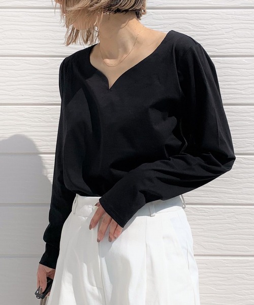 Q（キュー）の「ハートネック天竺ロンT（Tシャツ/カットソー・レディース・ブラック/ライトグリーン/ホワイト・MEDIUM）」の3枚目の写真