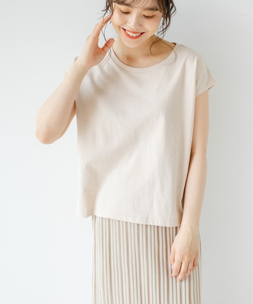 TRIANGLE PALETTE(トライアングルパレット)の「フレンチスリーブトップス(USAコットン.コットン100%,綿100%)(Tシャツ/カットソー・レディース・チャコールグレー/ベージュ/ブラウン/アイボリー/キャメル/プラム/ブルー・FREE)」の10枚目の写真