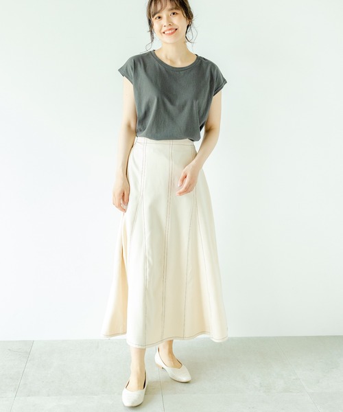 TRIANGLE PALETTE(トライアングルパレット)の「フレンチスリーブトップス(USAコットン.コットン100%,綿100%)(Tシャツ/カットソー・レディース・チャコールグレー/ベージュ/ブラウン/アイボリー/キャメル/プラム/ブルー・FREE)」の19枚目の写真