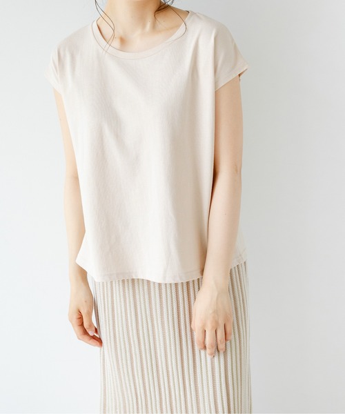 TRIANGLE PALETTE(トライアングルパレット)の「フレンチスリーブトップス(USAコットン.コットン100%,綿100%)(Tシャツ/カットソー・レディース・チャコールグレー/ベージュ/ブラウン/アイボリー/キャメル/プラム/ブルー・FREE)」の9枚目の写真