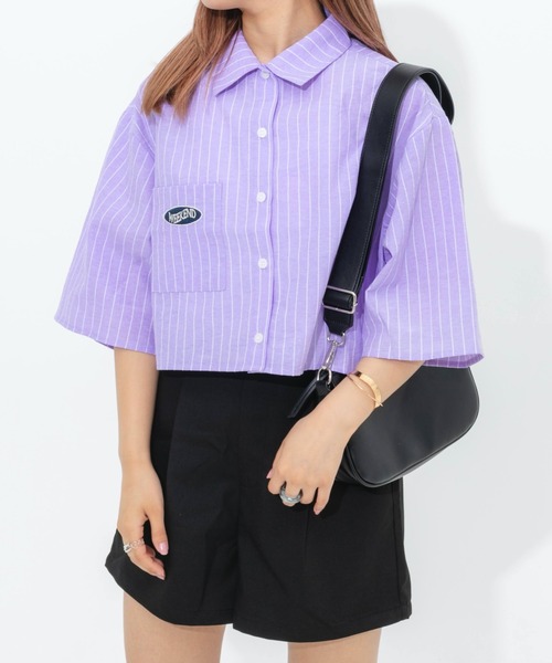 nemne store(ネンネストア)の「ワッペンストライプ半袖ショートシャツ(シャツ/ブラウス・レディース・パープル/オフホワイト/ブルー・フリー)」の11枚目の写真