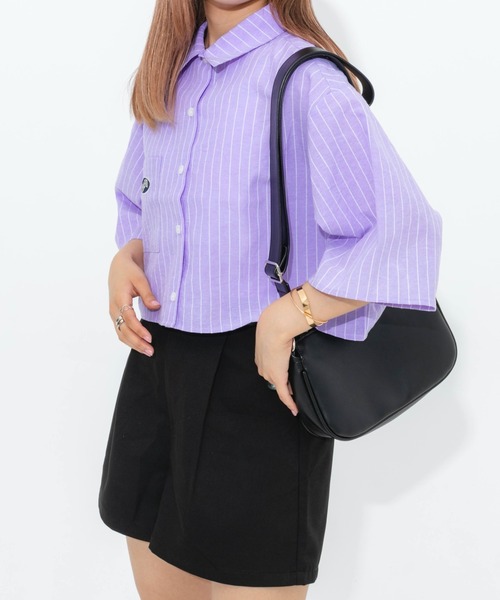 nemne store(ネンネストア)の「ワッペンストライプ半袖ショートシャツ(シャツ/ブラウス・レディース・パープル/オフホワイト/ブルー・フリー)」の9枚目の写真