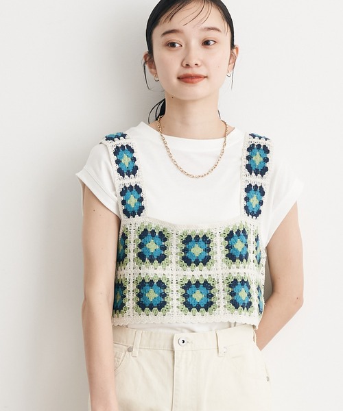 earth music&ecology(アースミュージックアンドエコロジー)の「スクエアクロシェビスチェ(ベスト・レディース・アイボリー/ダークブラウン・FREE)」の2枚目の写真