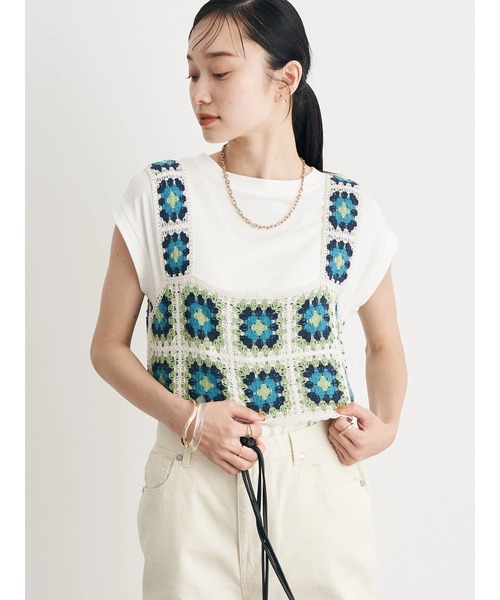 earth music&ecology(アースミュージックアンドエコロジー)の「スクエアクロシェビスチェ(ベスト・レディース・アイボリー/ダークブラウン・FREE)」の5枚目の写真