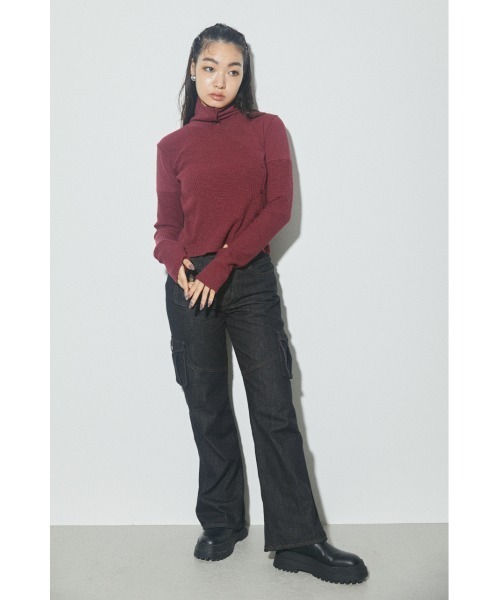 LAGUA GEM（ラグアジェム）の「MIX RIB CUT TOPS ミックスリブカットトップス（Tシャツ/カットソー・レディース・レッド/カーキ/グレー・FREE）」の4枚目の写真