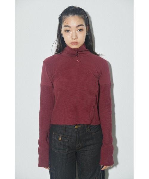 LAGUA GEM（ラグアジェム）の「MIX RIB CUT TOPS ミックスリブカットトップス（Tシャツ/カットソー・レディース・レッド/カーキ/グレー・FREE）」の5枚目の写真