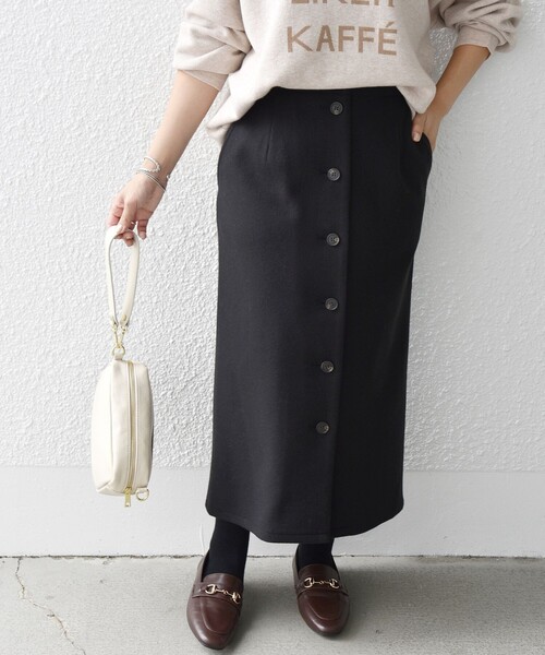 SHIPS any（シップス エニィ）の「SHIPS any: ジャージメルトン フロントボタン ストレート スカート◇（スカート・レディース・ブラック/ベージュ/イエロー・38/36）」の5枚目の写真