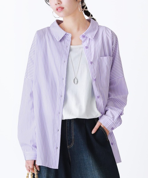 osharewalker（オシャレウォーカー）の「【廃盤】『ストライプ柄カラーシャツ』（シャツ/ブラウス・レディース・ラベンダー/コーラル/ネイビー/グリーン・FREE）」の3枚目の写真