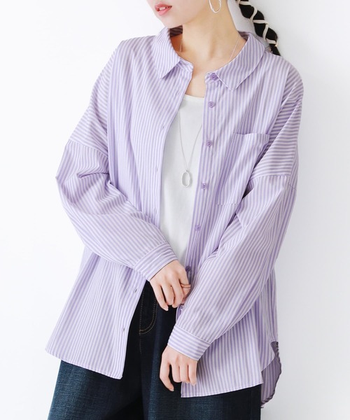 osharewalker（オシャレウォーカー）の「【廃盤】『ストライプ柄カラーシャツ』（シャツ/ブラウス・レディース・ラベンダー/コーラル/ネイビー/グリーン・FREE）」の5枚目の写真