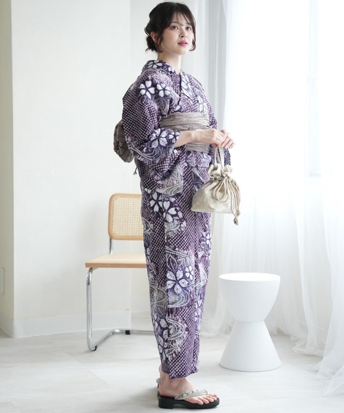 有松絞り浴衣3点セット 紫に四草