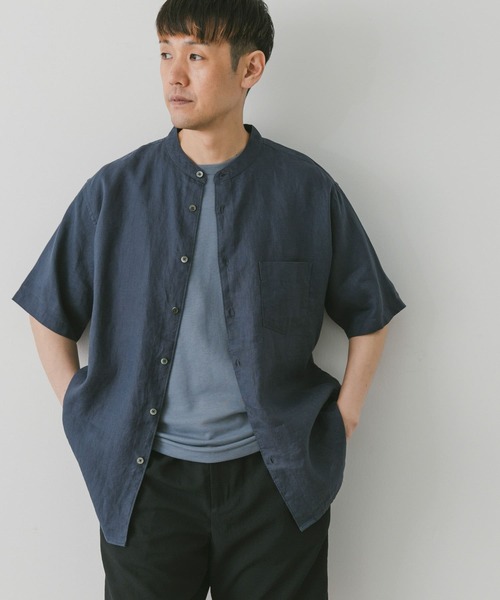 URBAN RESEARCH DOORS（アーバンリサーチドアーズ）の「シルケットリネンバンドカラーショートスリーブシャツ（シャツ/ブラウス・メンズ・グレー/ホワイト系その他/ブルー/ブラウン/ネイビー・MEDIUM/X-LARGE/LARGE）」の4枚目の写真