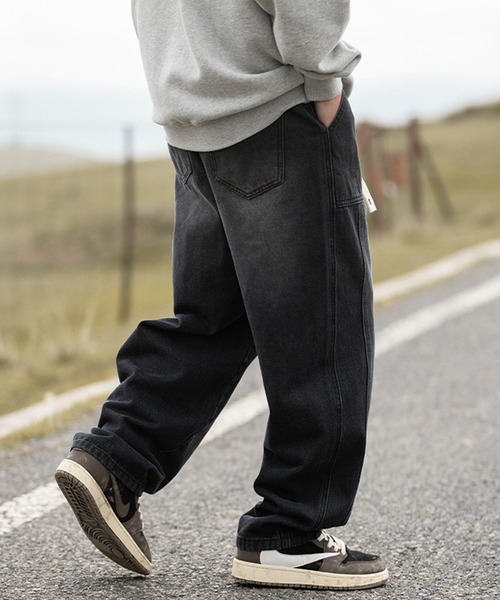 セール】【HOOK】古着風ウォッシュデニム切り替えワイドパンツ（デニム