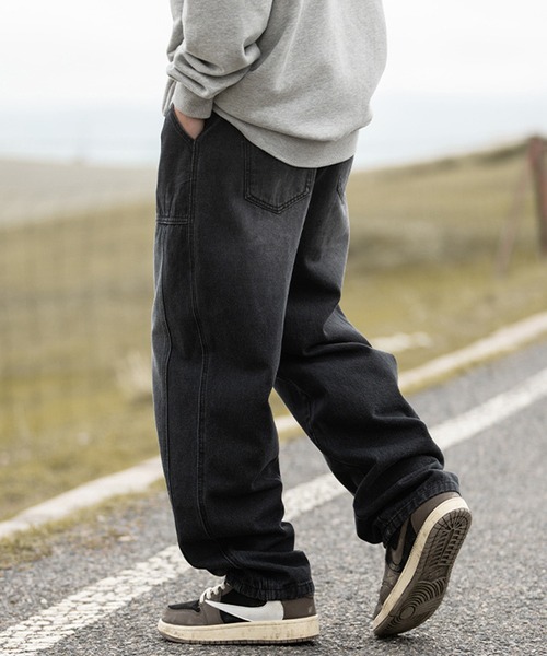 セール】【HOOK】古着風ウォッシュデニム切り替えワイドパンツ（デニム