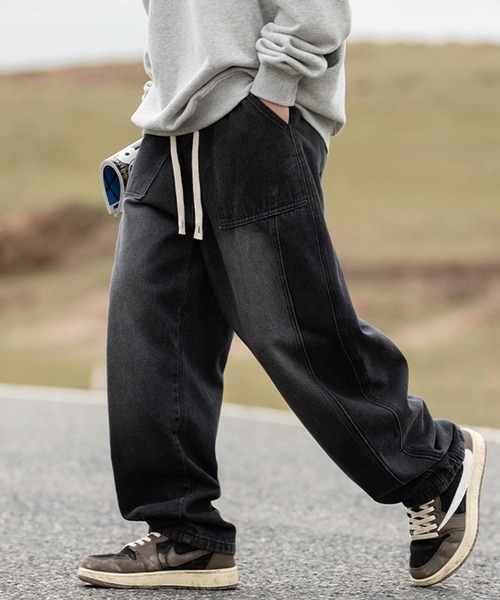 HOOK】古着風ウォッシュデニム切り替えワイドパンツ（デニムパンツ