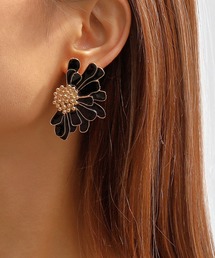 ピアス（両耳用）（ブラック/黒色系・フラワーモチーフ）ファッション